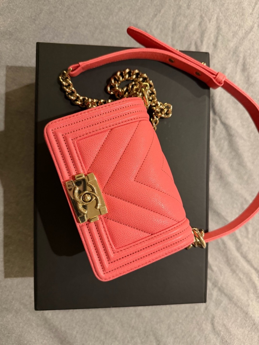 CHANEL Coral Quilted Boy Flap Crossbody with Gold Hardware